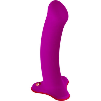 Dildo Magnum morado visto en ángulo, silicona lisa y curvatura para el punto G