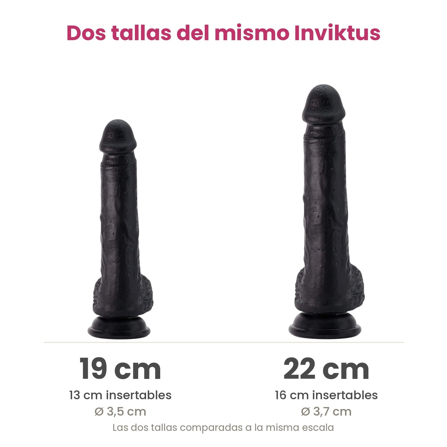 Comparativa de las dos tallas del Inviktus: 19 cm con 13 insertables y 22 cm con 16 insertables