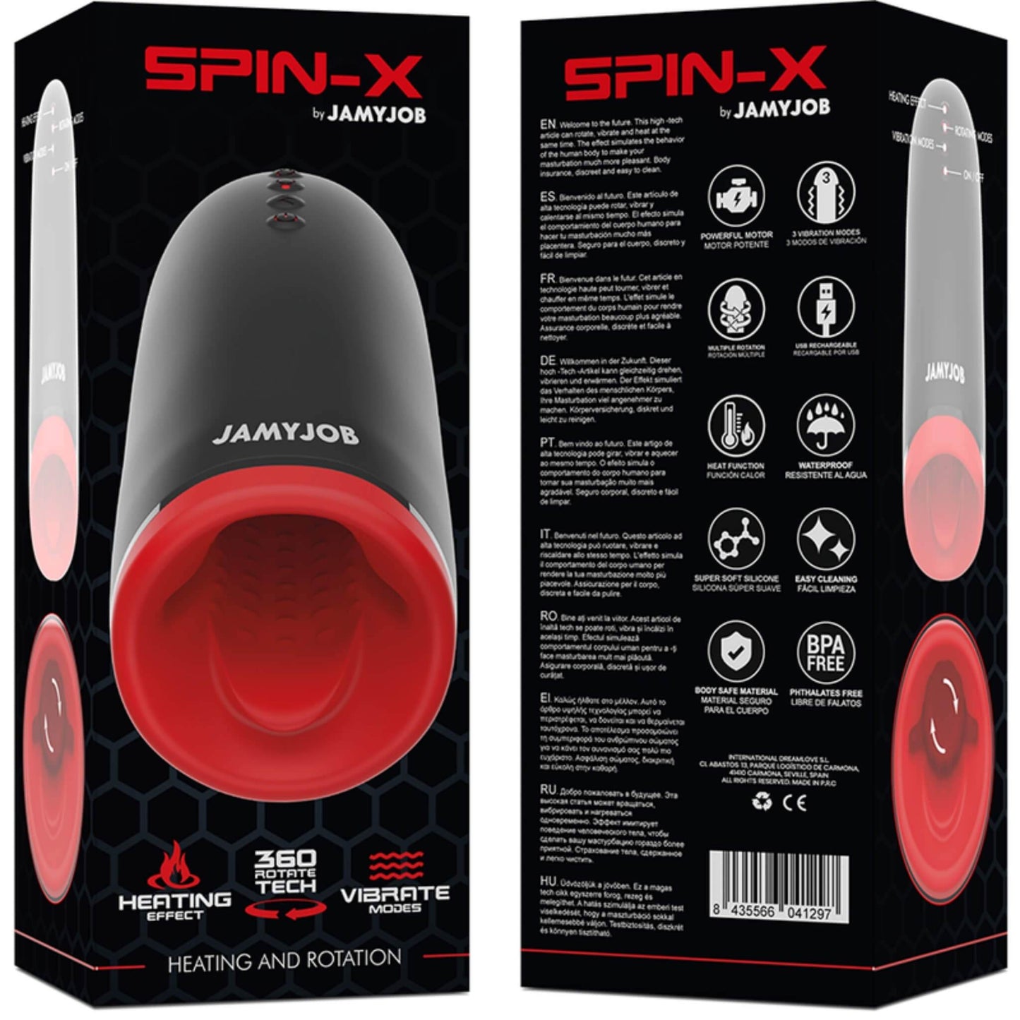 Masturbador Spin-X de Jamyjob con su embalaje