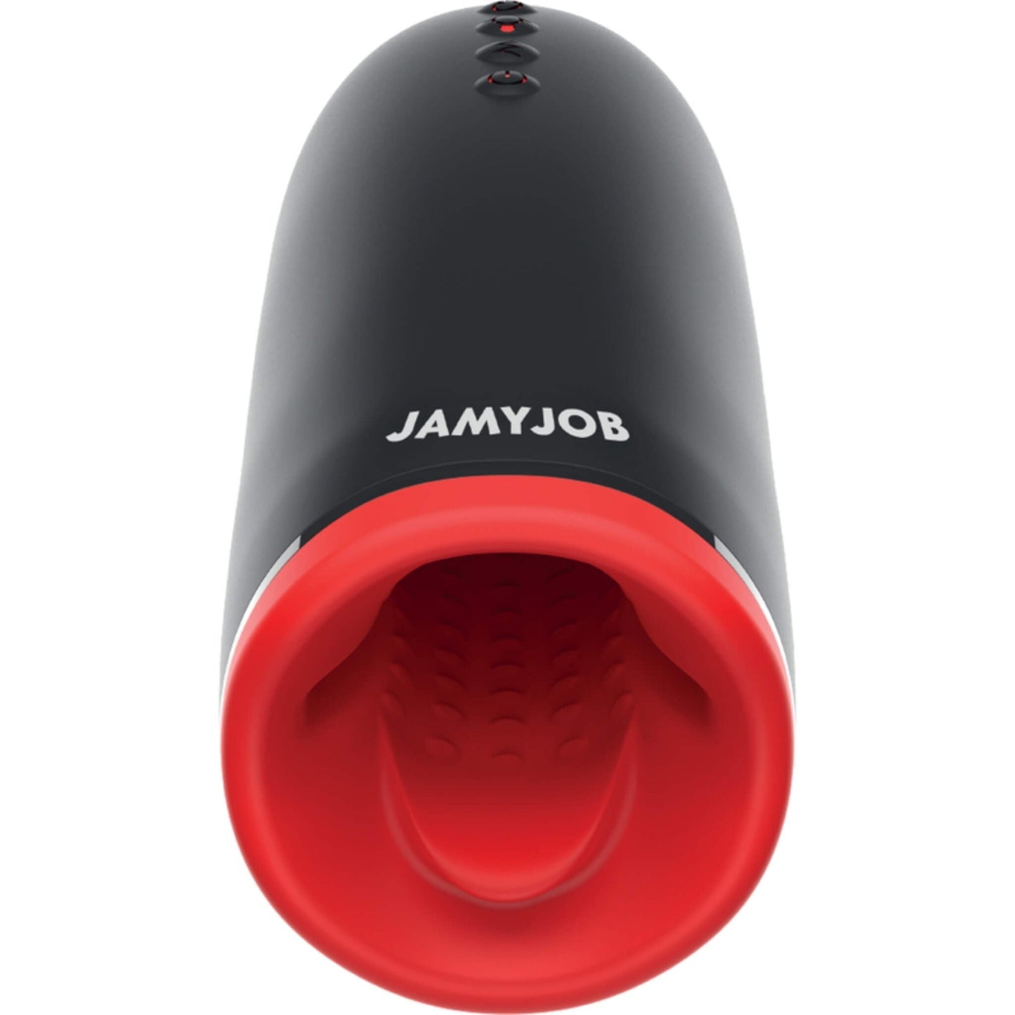 Masturbador masculino Spin-X de Jamyjob, cuerpo negro con abertura de silicona roja