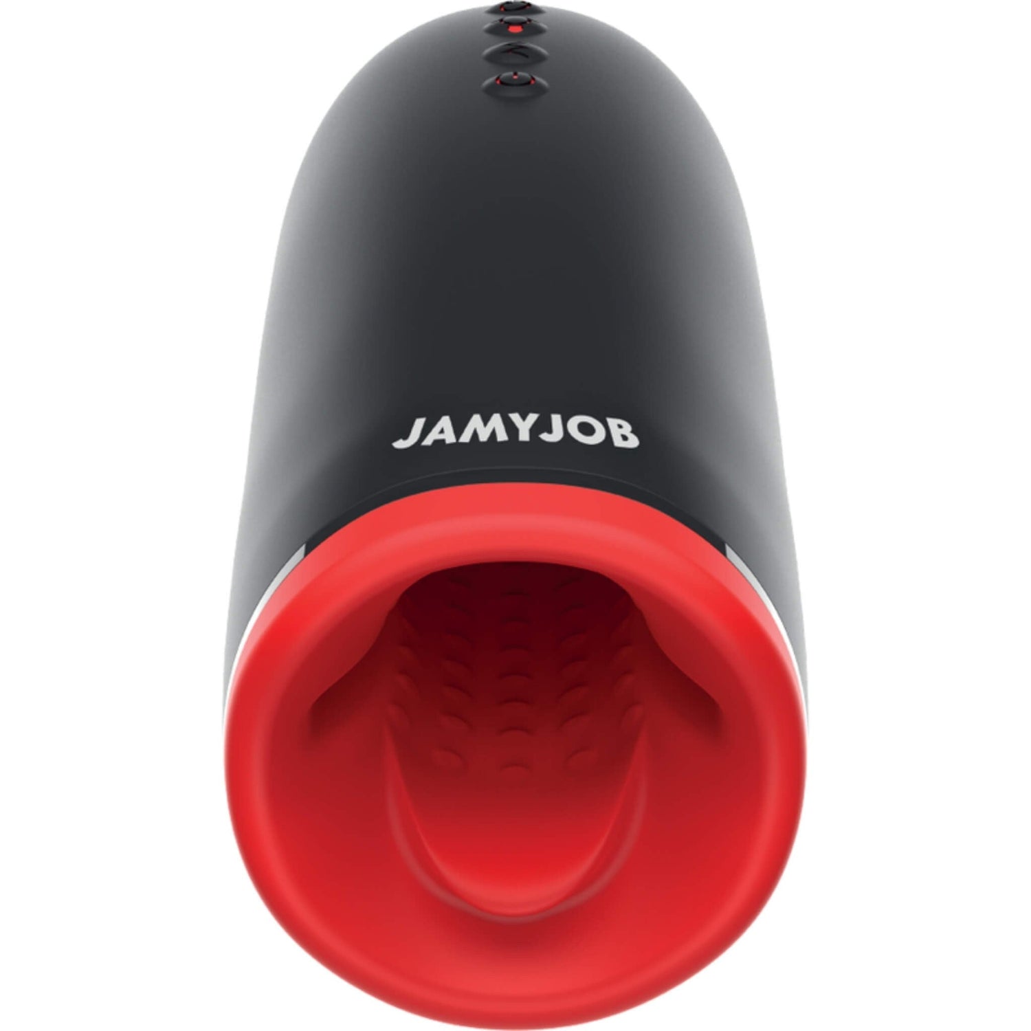 Masturbador masculino Spin-X de Jamyjob, cuerpo negro con abertura de silicona roja