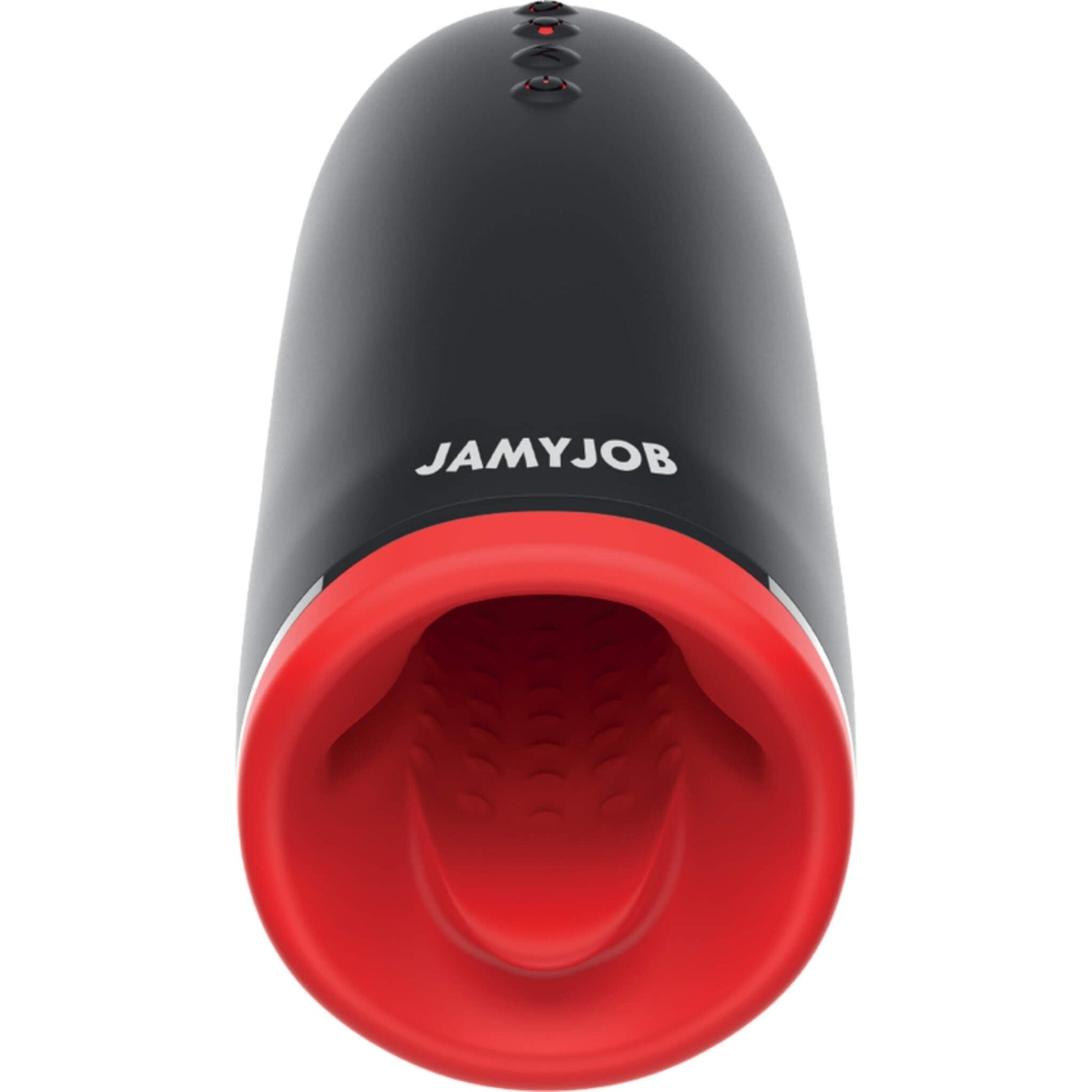 Masturbador masculino Spin-X de Jamyjob, cuerpo negro con abertura de silicona roja