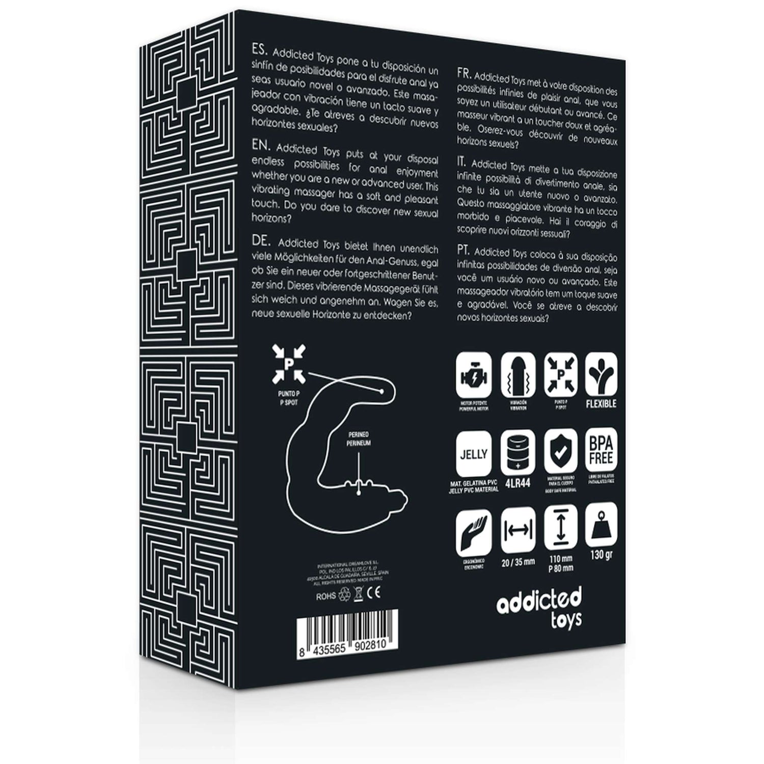 Caja trasera con el esquema de punto P y perineo y las medidas del Addicted Toys