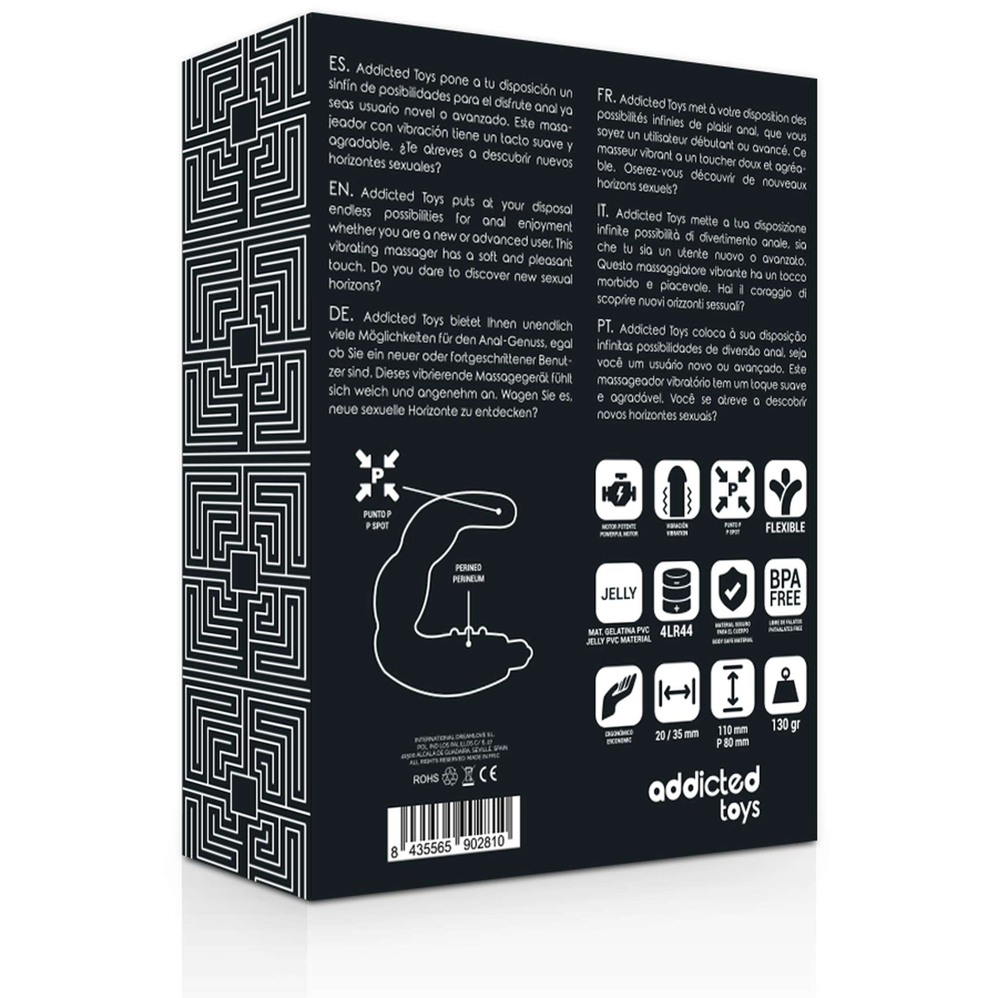 Caja trasera con el esquema de punto P y perineo y las medidas del Addicted Toys