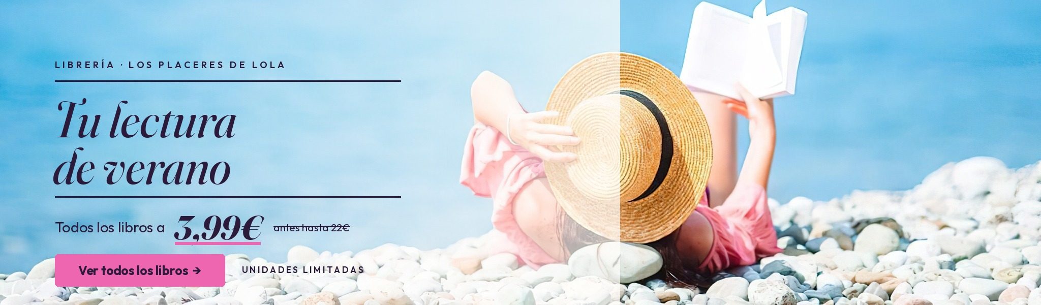 Mujer con sombrero de paja leyendo tumbada en una playa de guijarros. Todos los libros a 3,99€