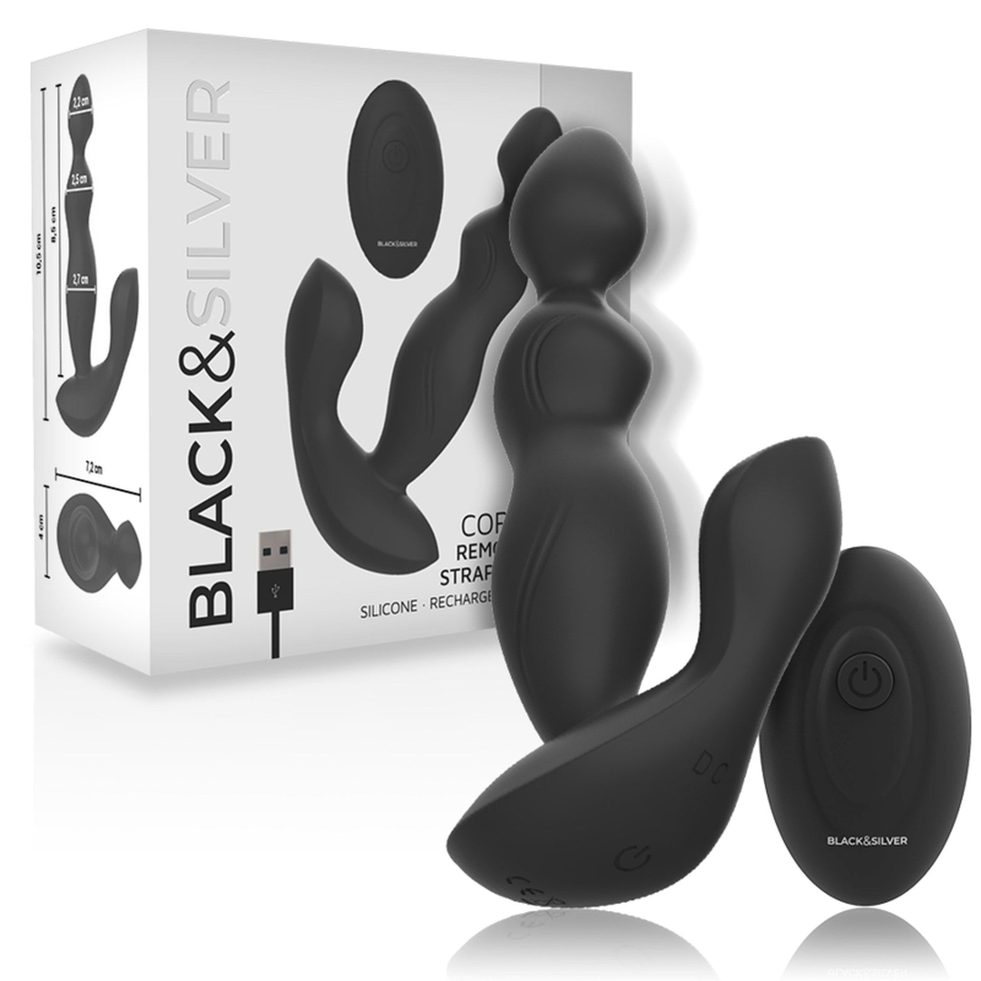 Caja del Cora de Black&Silver con el esquema de medidas y el cable USB