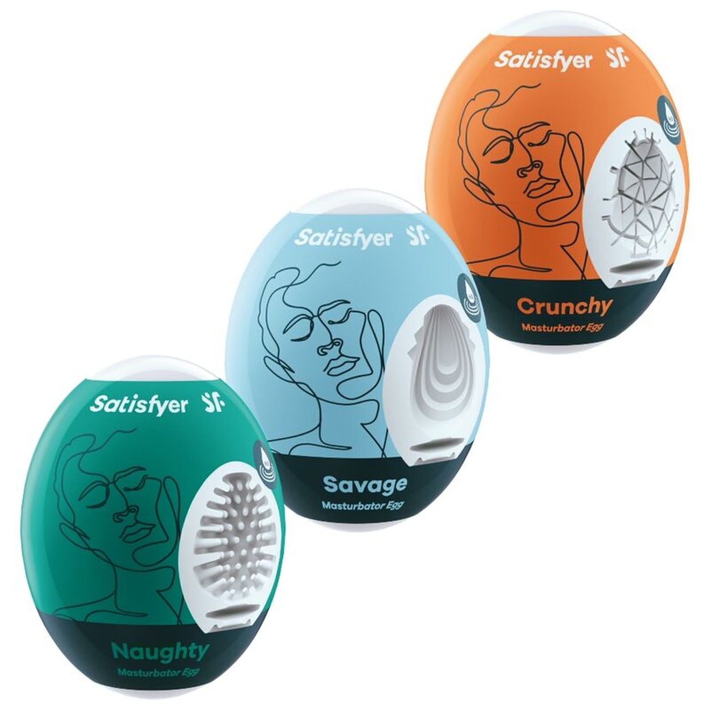 Huevos masturbadores Satisfyer Naughty, Savage y Crunchy, con sus texturas a la vista