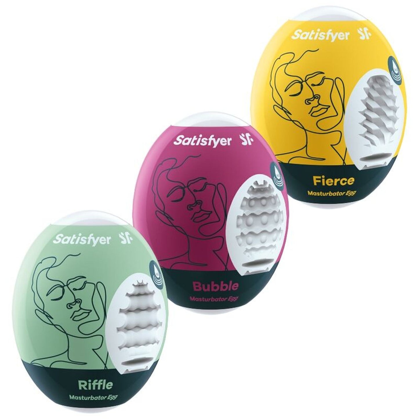 Huevos masturbadores Satisfyer Riffle, Bubble y Fierce, con sus texturas a la vista