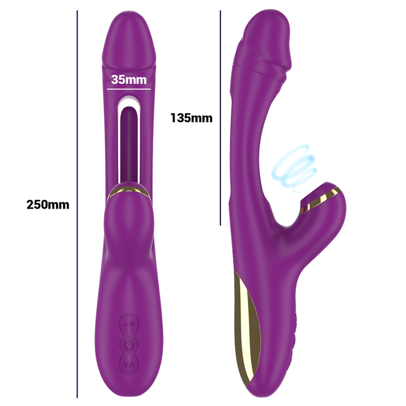 Vibrador Ateneo en morado, de frente y de perfil, con sus medidas: 250 mm de largo, 135 insertables y 35 de ancho