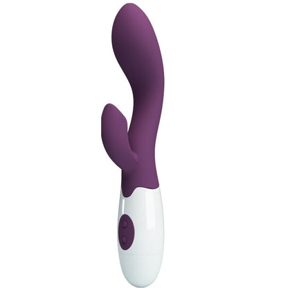 Vibrador rabbit Brighty en morado y blanco visto de frente