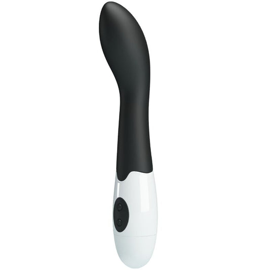 Vibrador Bishop Negro con cuerpo de silicona negra y mango blanco, entero