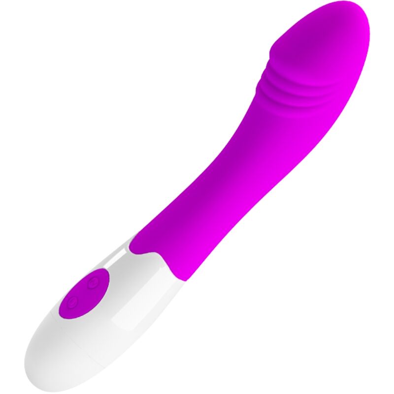 Vibrador Elemental en morado y blanco, visto en diagonal
