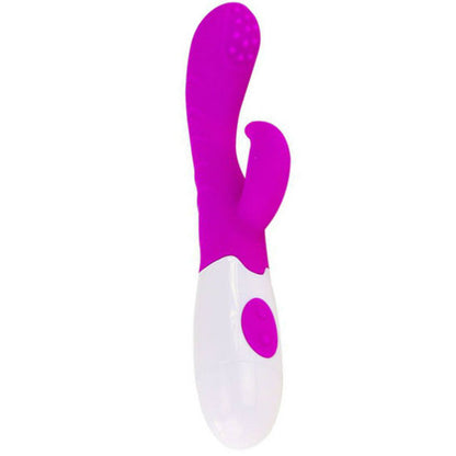 Vibrador rabbit Arthur en lila y blanco, de perfil, con el brazo clitoral curvado