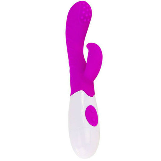 Vibrador rabbit Arthur en lila y blanco, de perfil, con el brazo clitoral curvado