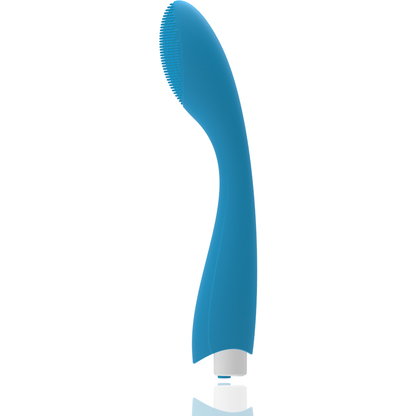 Vibrador Gylbert en silicona azul turquesa, cuerpo entero de frente