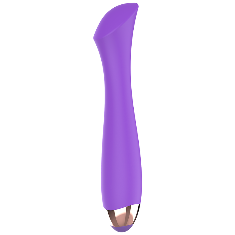 Vibrador Mandy en morado con base dorada, visto de frente