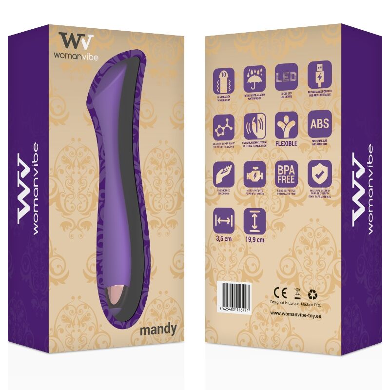 Caja de presentación de Mandy de Womanvibe, de frente y por detrás