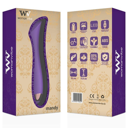 Caja de presentación de Mandy de Womanvibe, de frente y por detrás