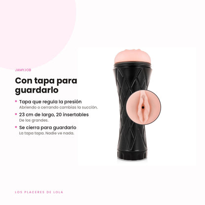 El Pussy de Jamyjob regula la presión con su tapa y tiene 20 cm insertables