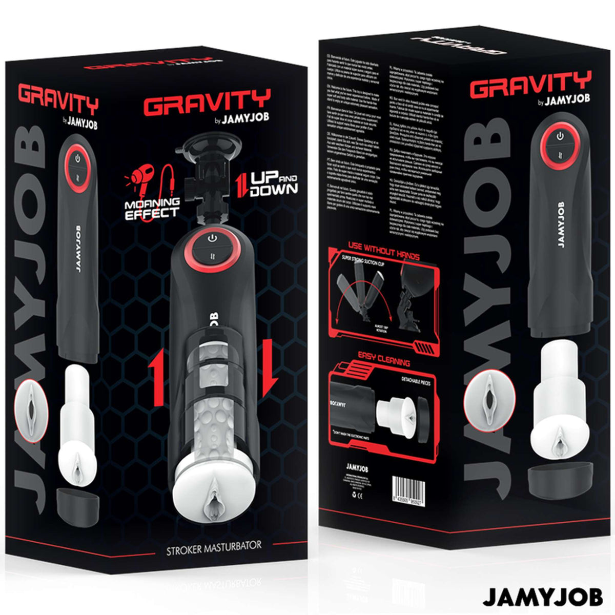 Cajas del masturbador Gravity de Jamyjob, frontal y trasera