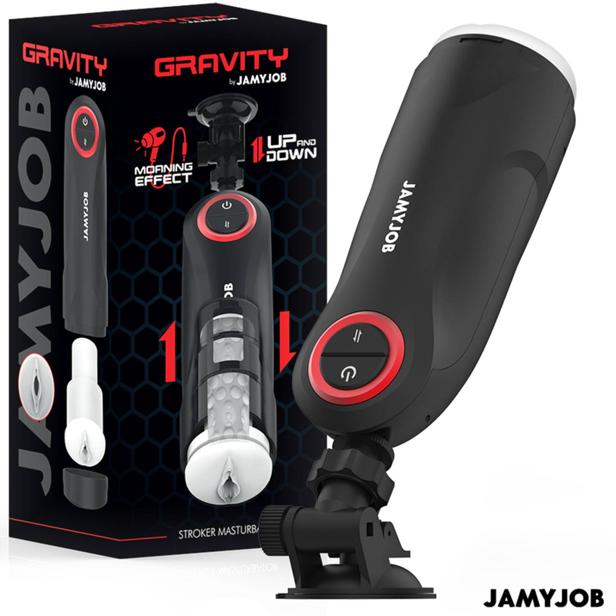 Caja del Gravity de Jamyjob junto al producto montado en su ventosa