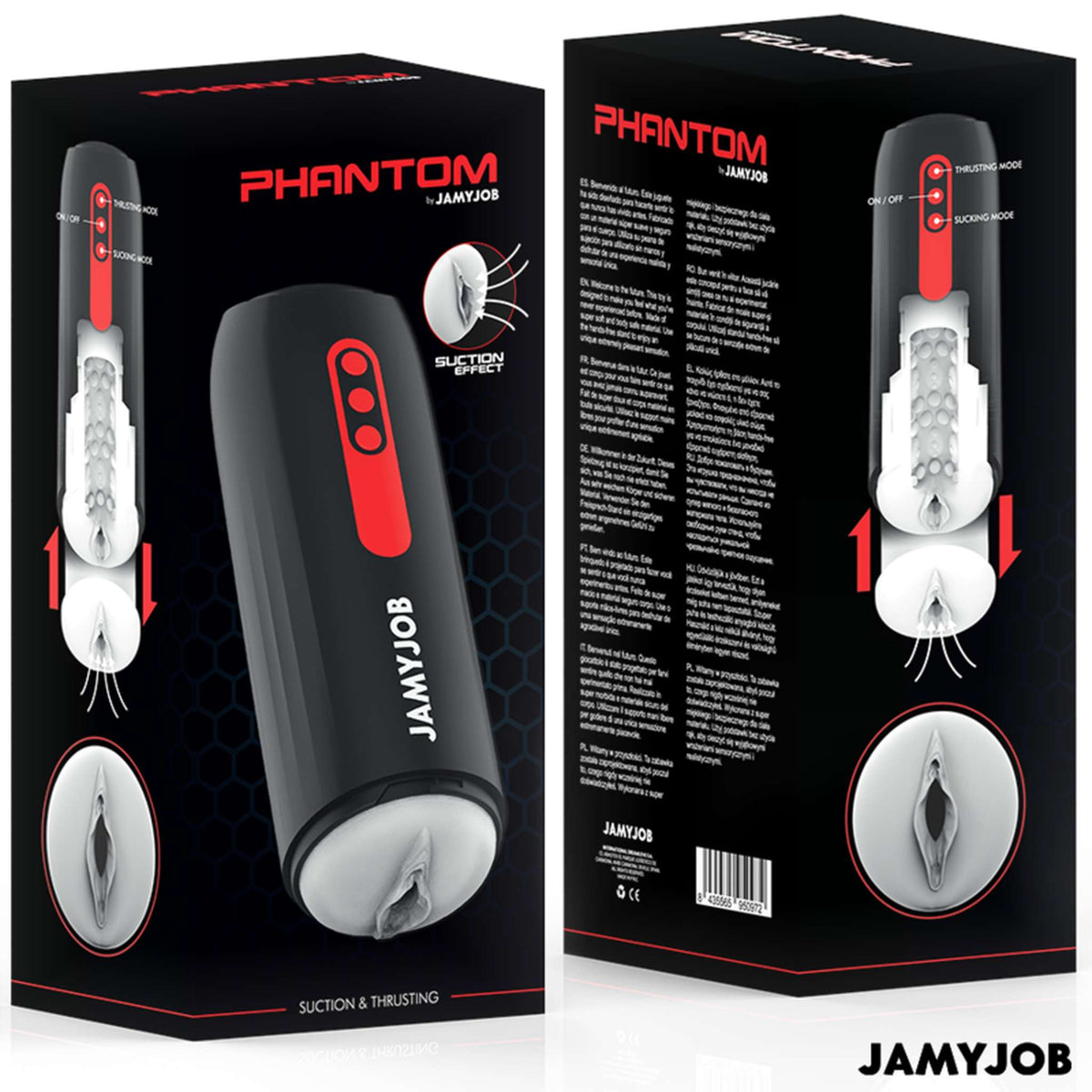 Cajas del masturbador Phantom de Jamyjob, frontal y trasera
